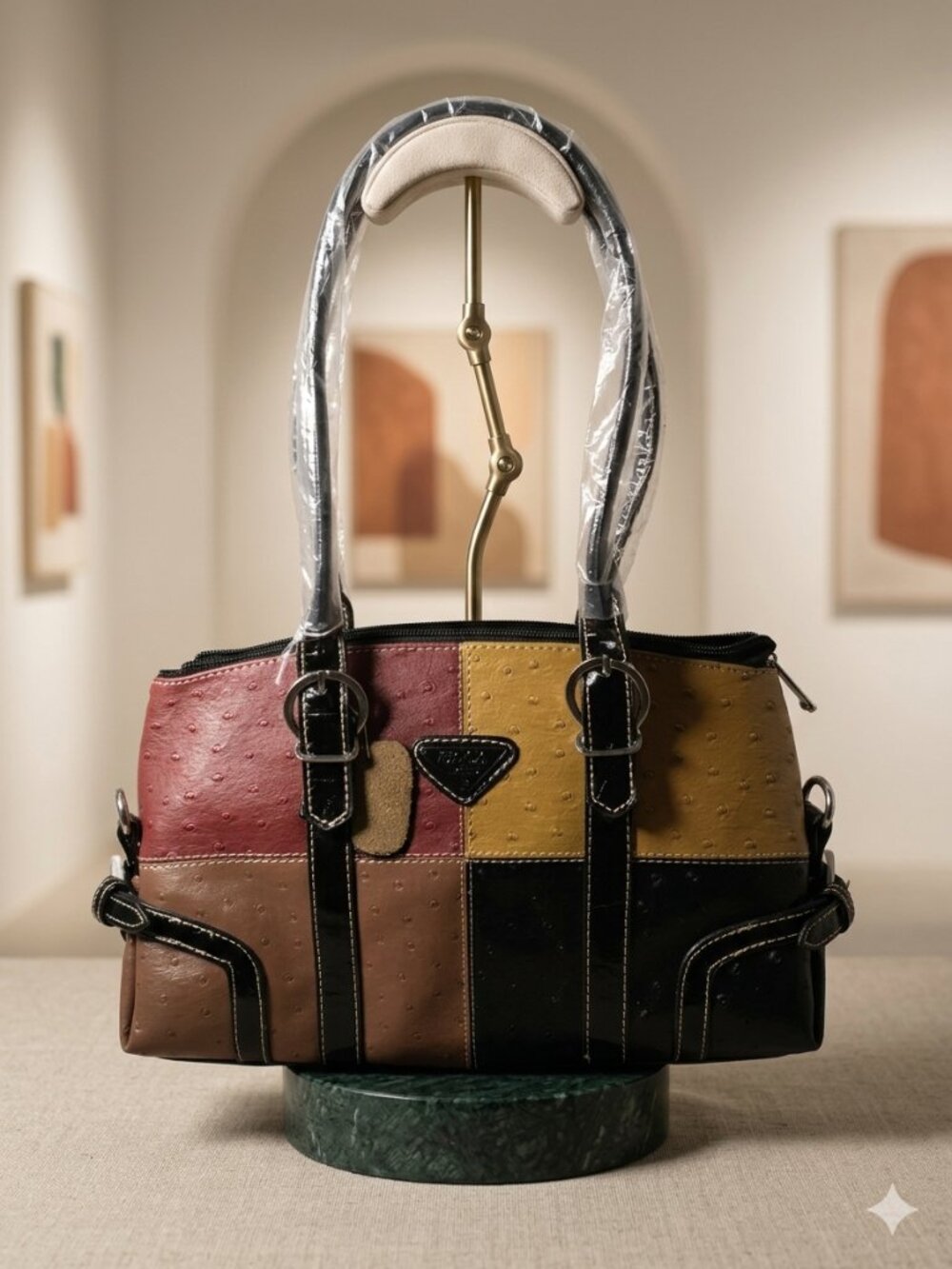 Coco USA Patchwork Ostrich‑Texture Tote – Mustard/Black/Brown/Tan